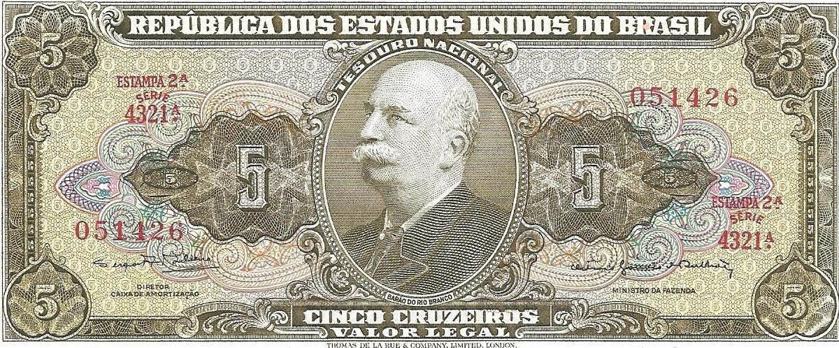 Brazil 5 Cruzeiros Banknote; P-176d; ABOUT UNCIRCULATED; Printed 1962 ~ Amazon Conquest
