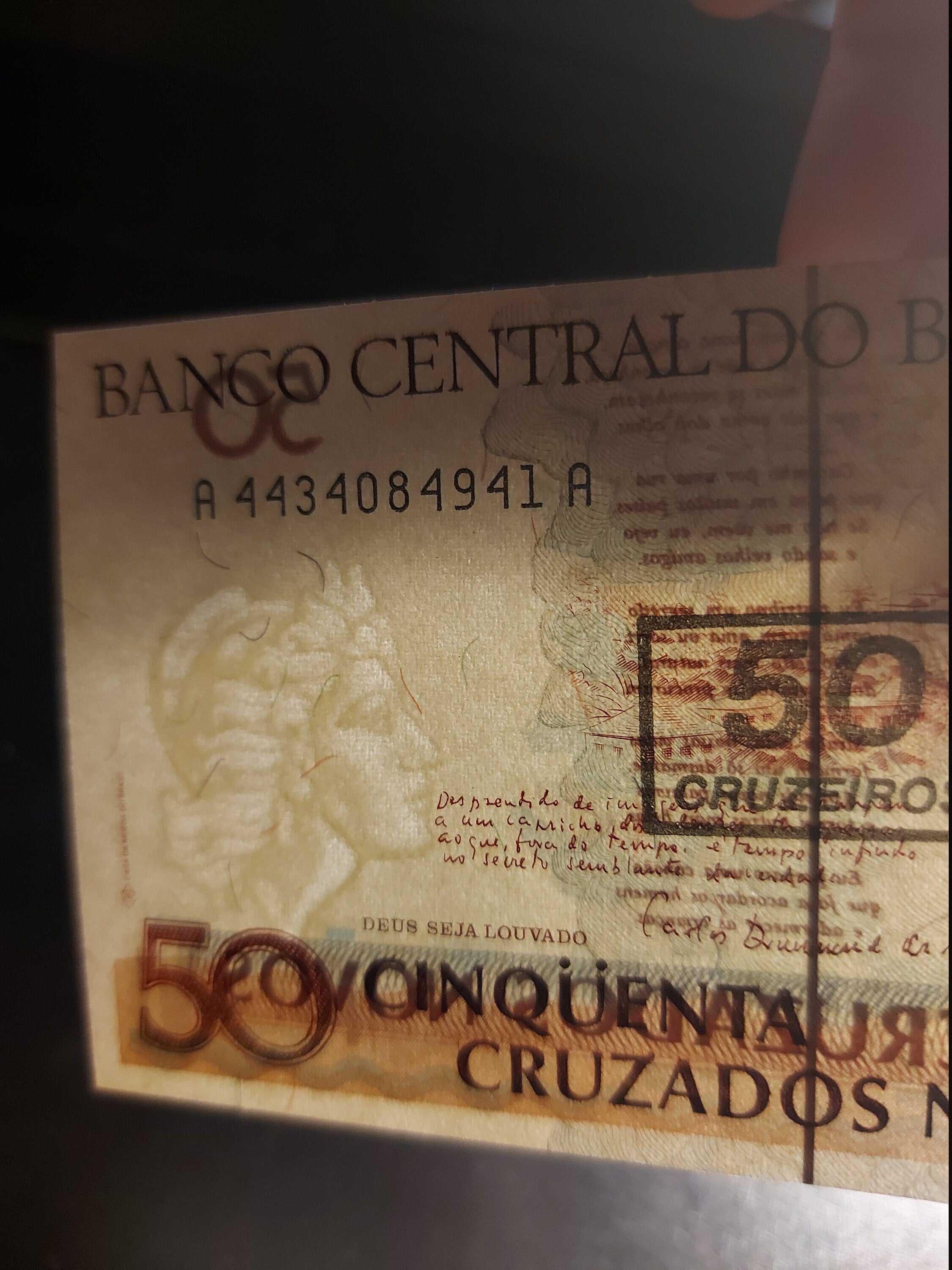 Brazil 50 Cruzeiros OVERPRINT on 50 Cruzados Novos Banknote; P - 223; UNC from 1990 ~ Poetry Writer featured; Great historical note