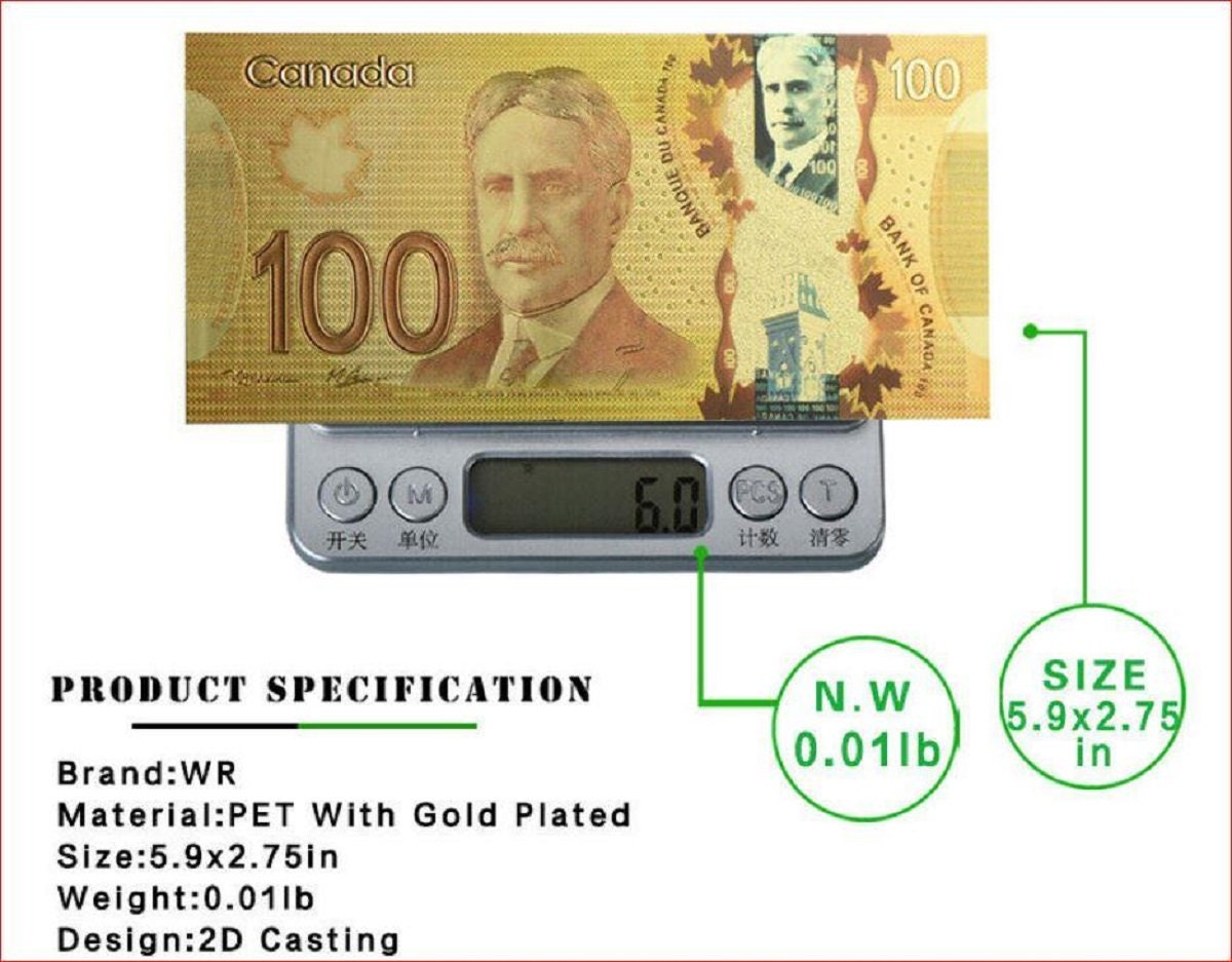Canada 100 Dollars FANTASY .9999 GOLD FOIL Note; Beautiful Design; Comes shipped in a Mylar currency holder
