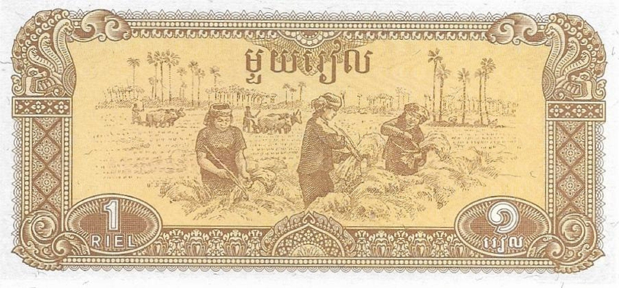 CAMBODIA 1 Riels, P-28; UNCIRCULATED; 1979; Women harvesting rice featured