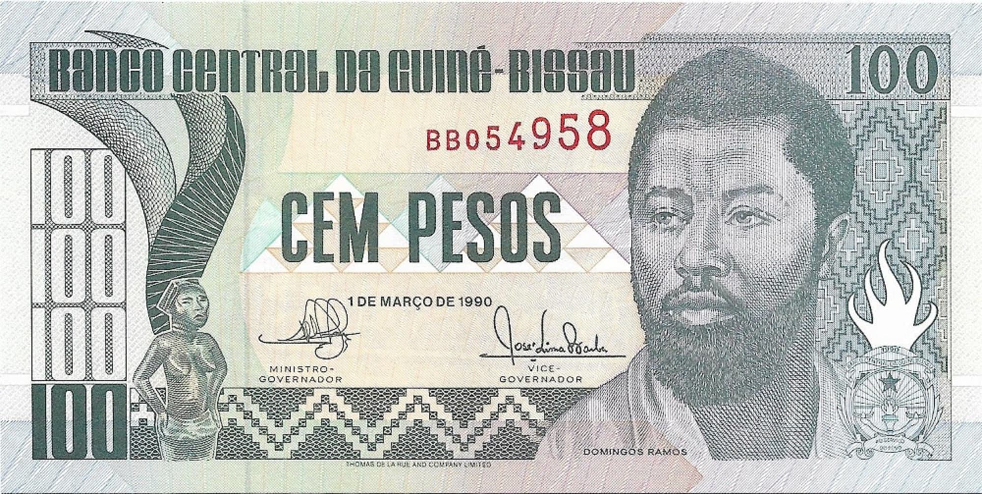 GUINEA-BISSAU 100 Pesos Banknote, P-11, Uncirculated from 1990; Wood Carving
