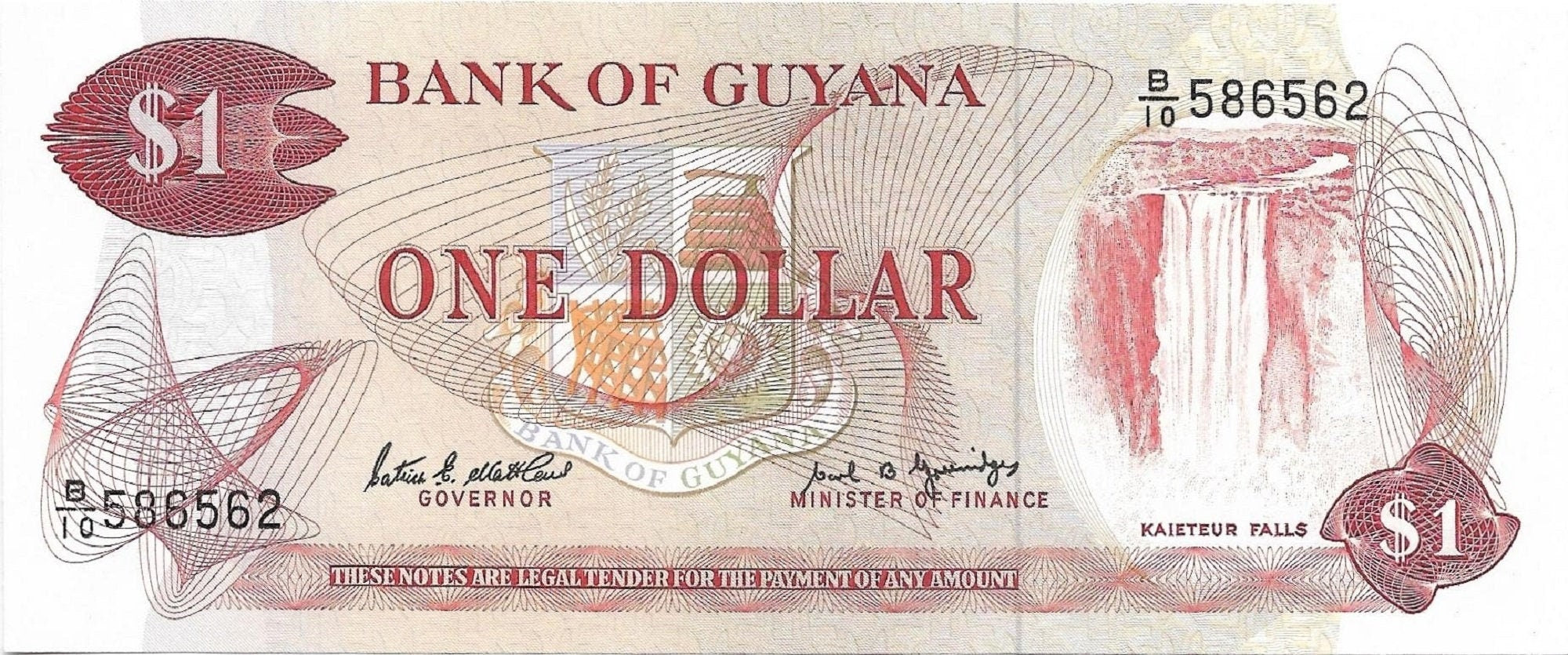 Guyana 1 Dollar, P-21f, 1989; UNCIRCULATED featuring the Kaieteur Waterfalls