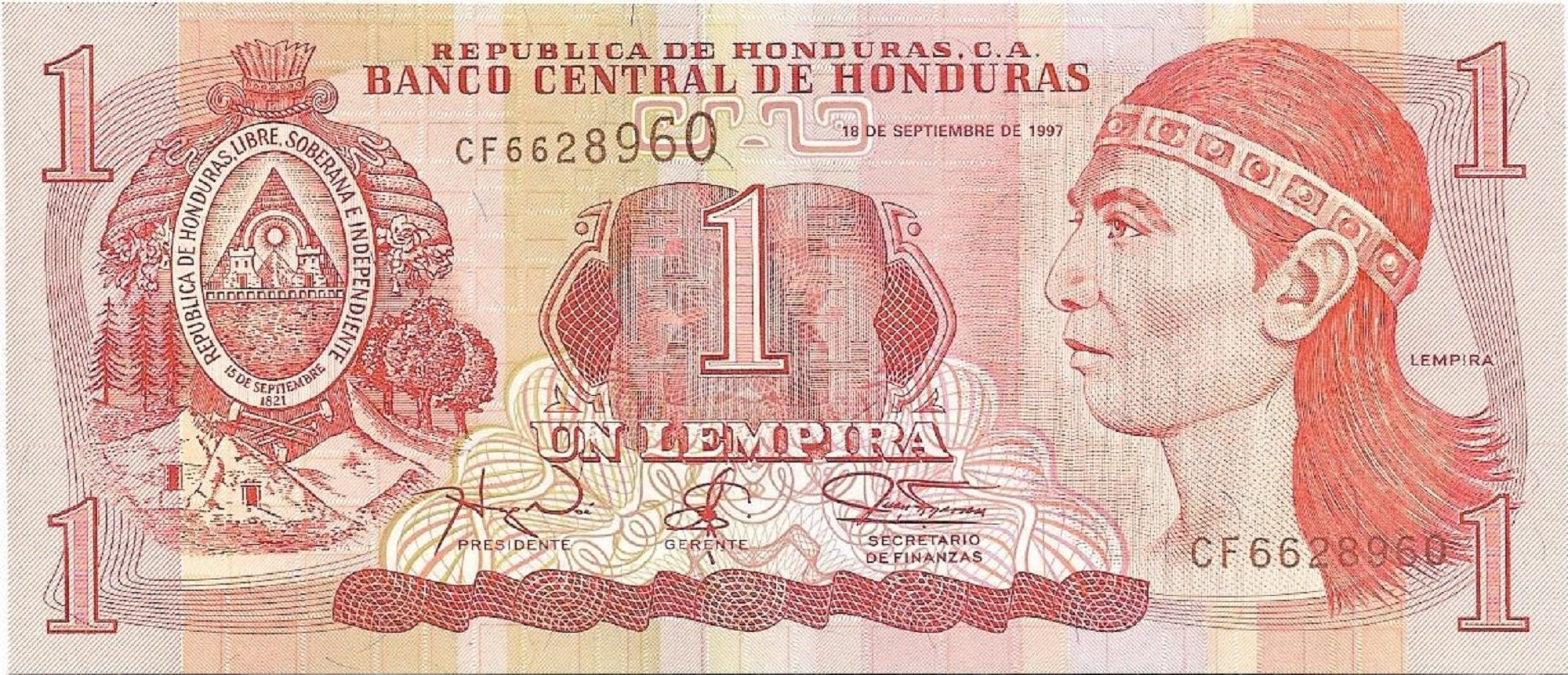 HONDURAS 1 Lempira Banknote; P - 79A; UNCIRCULATED from 1997 featuring the Myan Ruins of Copan