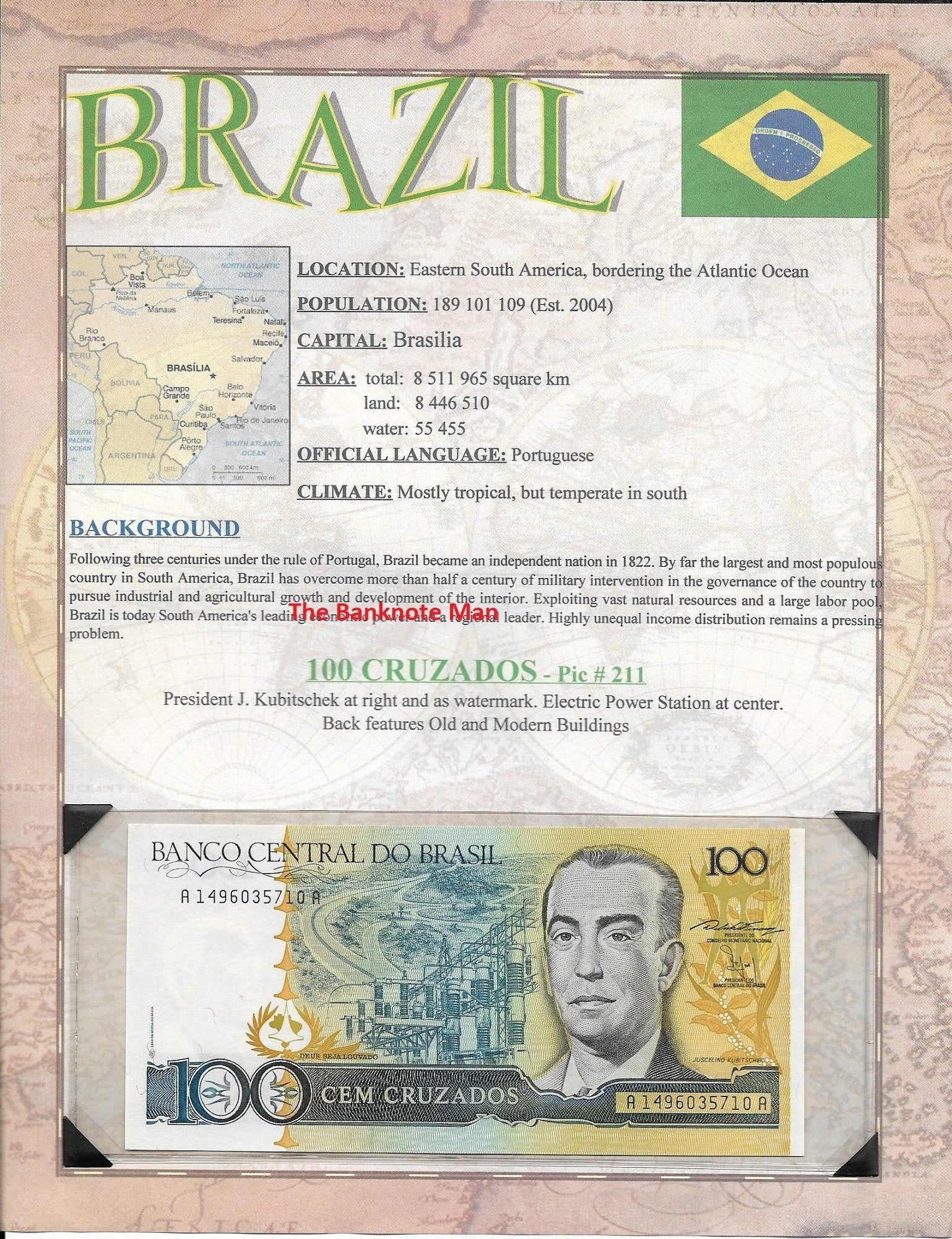 BRAZIL 100 CRUZADOS Banknote; P-211 ~ 2nd Issue World Banknote Series ~ LIMITED Issues