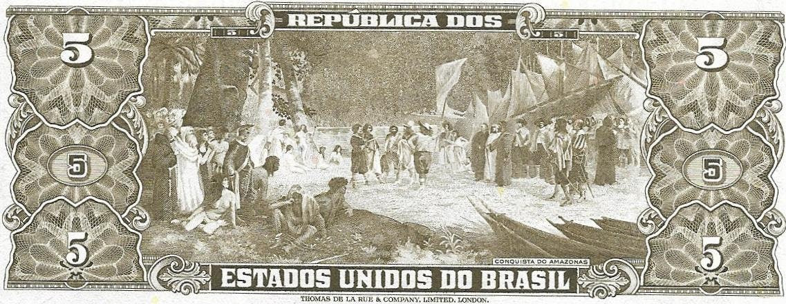 Brazil 5 Cruzeiros Banknote; P-176d; ABOUT UNCIRCULATED; Printed 1962 ~ Amazon Conquest
