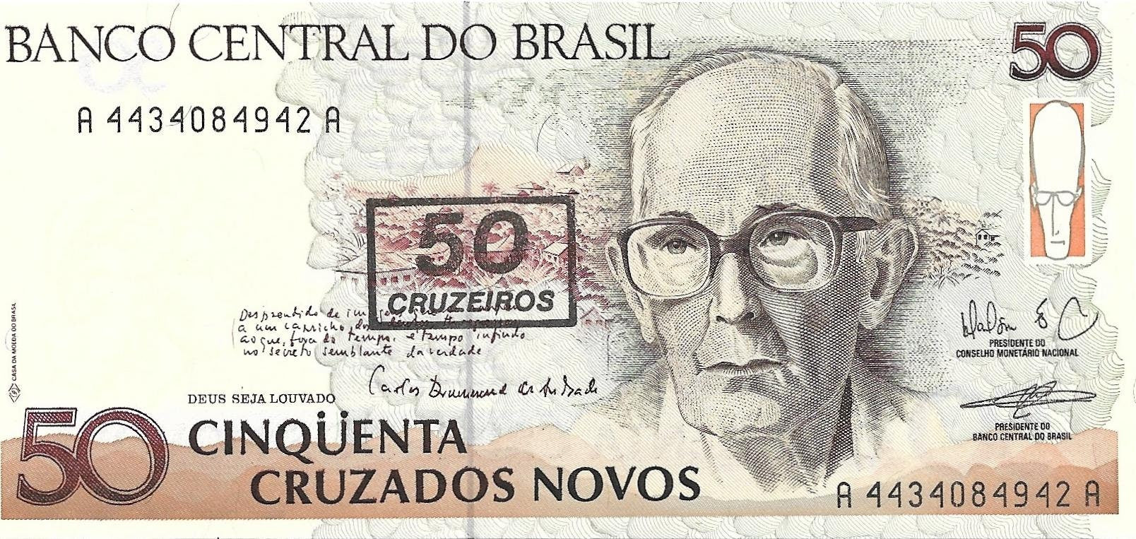 Brazil 50 Cruzeiros OVERPRINT on 50 Cruzados Novos Banknote; P - 223; UNC from 1990 ~ Poetry Writer featured; Great historical note