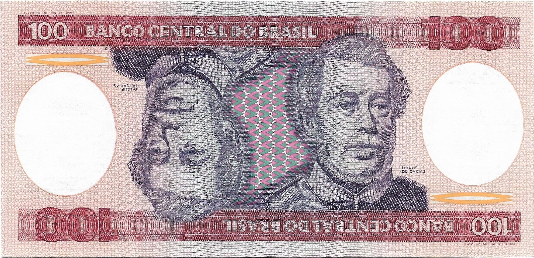 Brazil 100 Cruzeiros, P-198b; UNC, 1984 ~ Battle Scene & sword featured; Unique MIRROR IMAGE banknote