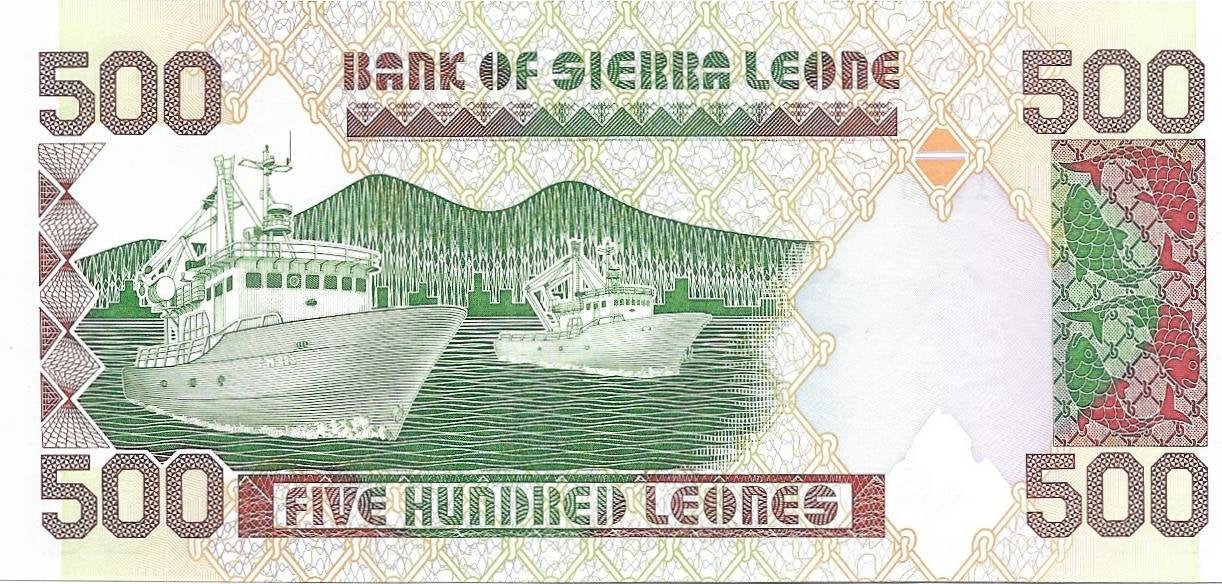 SIERRA LEONE 500 Leones, P-19, UNCIRCULATED, 1991; Featuring Lion's Head watermark; Fishing Boat