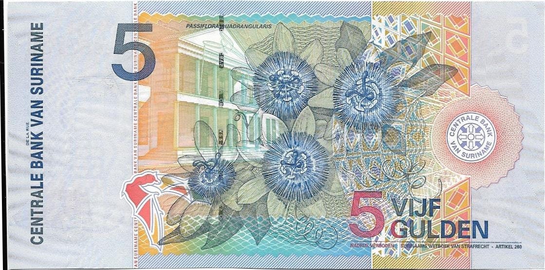 SURINAME 5 Gulden Banknote; P- 146, UNCIRCULATED; From 2000 featuring a Bat & WOODPECKER