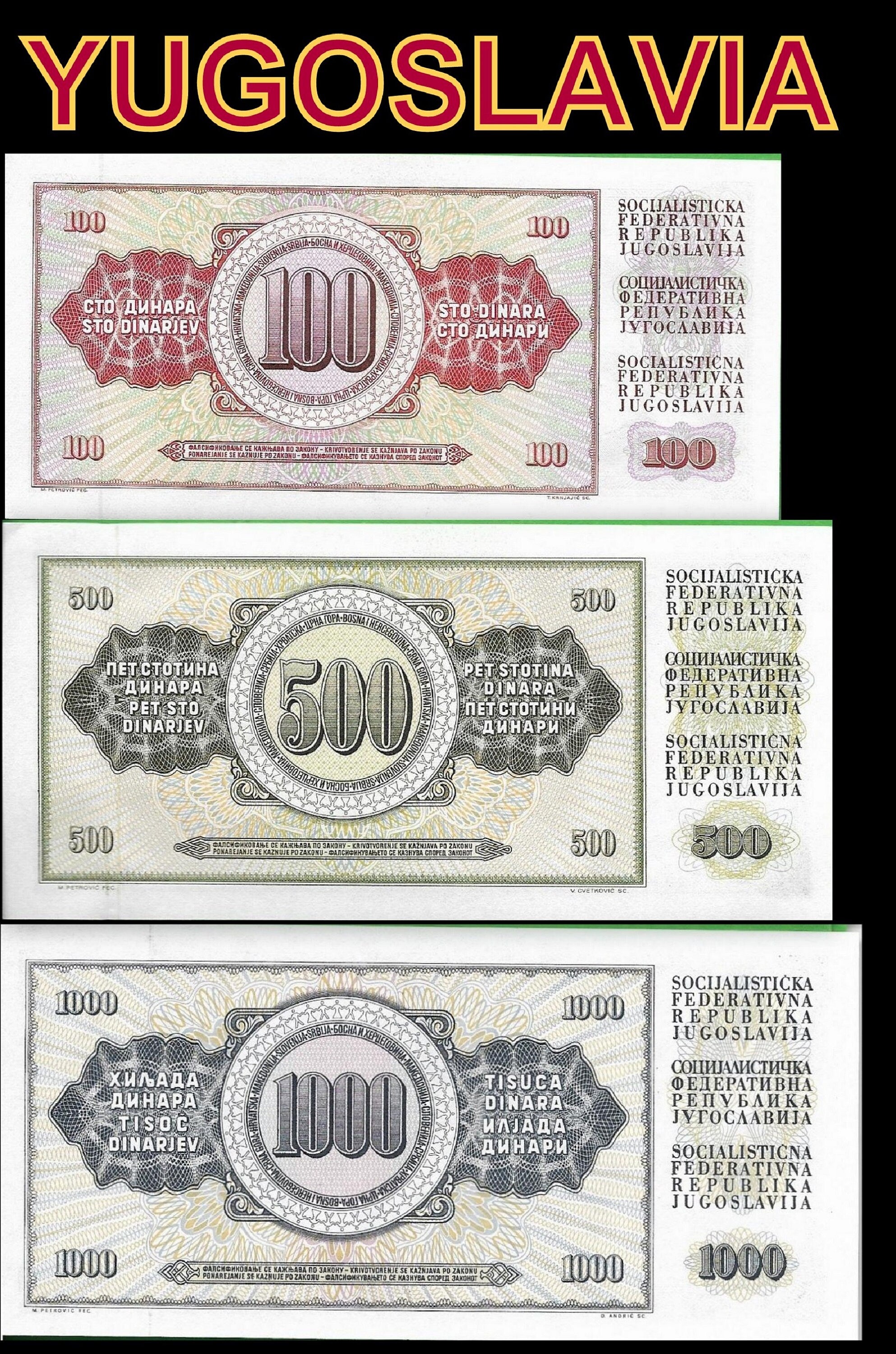 YUGOSLAVIA - Lot of 3 Banknotes from 1970's and 1980's; Features Nicola Tesla & Peace Statue
