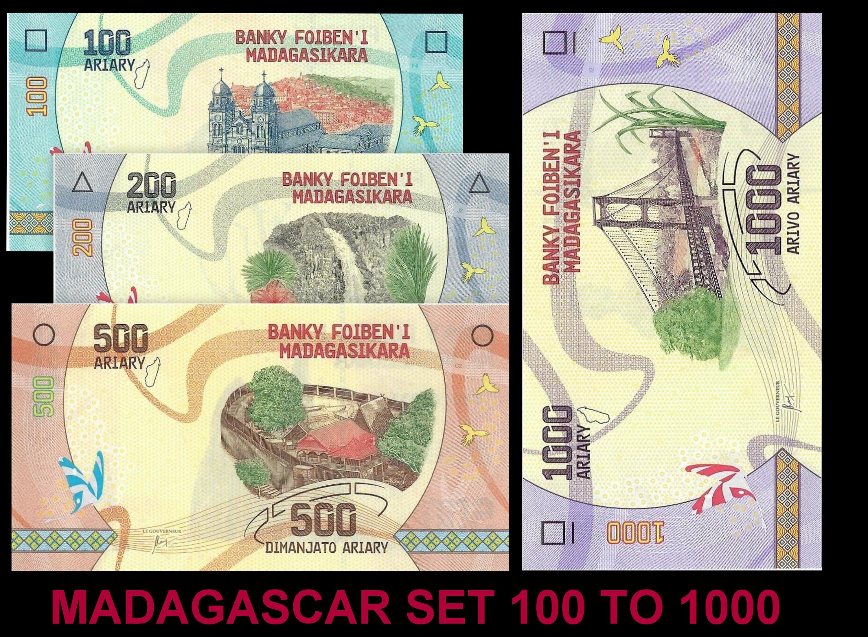 MADAGASCAR 4 Banknote SET, 100 to 1000 Ariary; 2017, features Butterfly Silhouettes