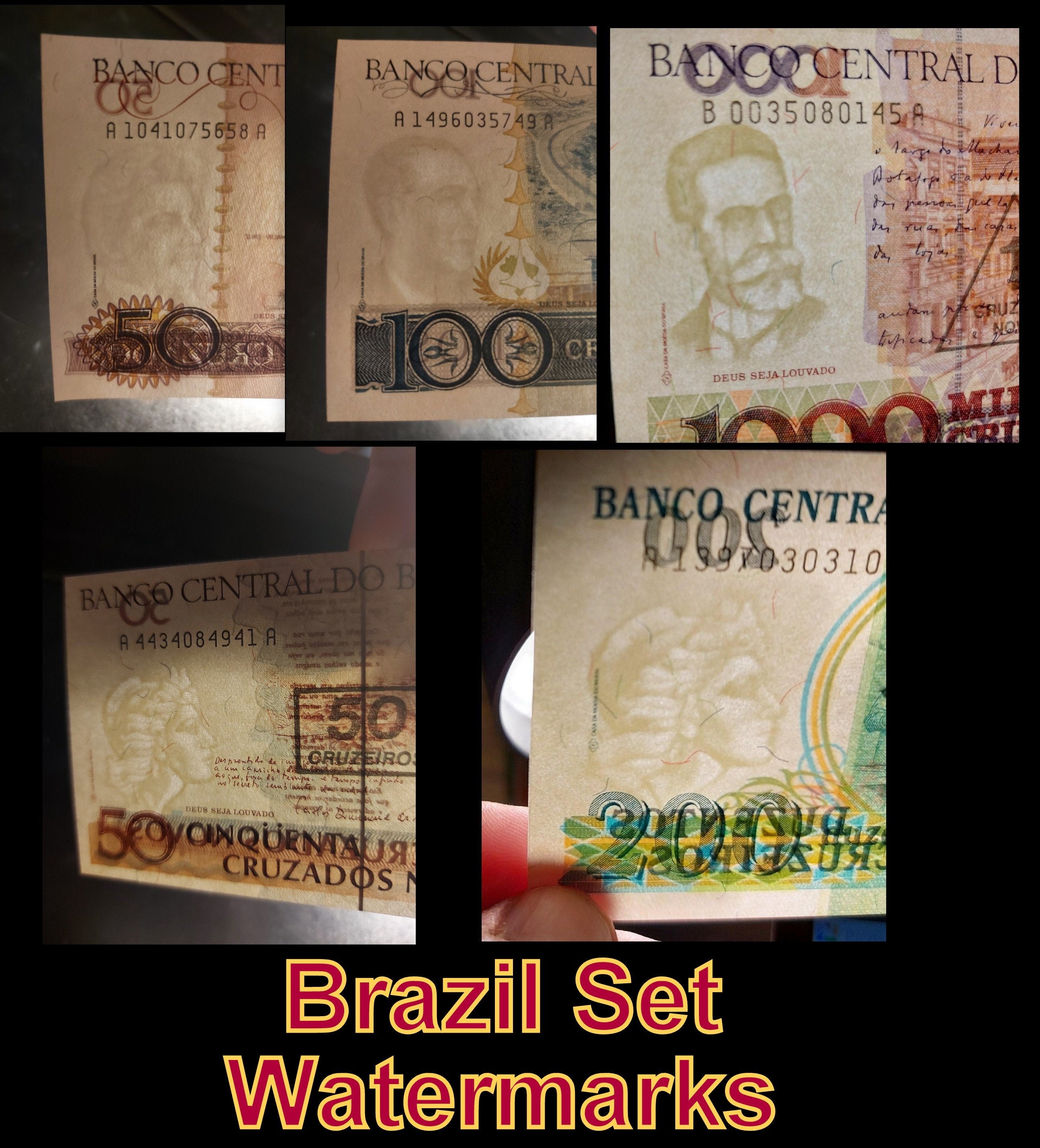 BRAZIL 5 Banknote SET; 10 Cruzados to 200 Cruzeiros; Uncirculated 1986 -90; Historical Set