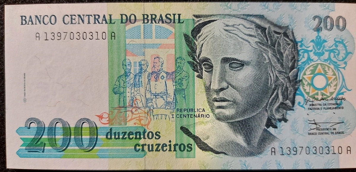 BRAZIL 5 Banknote SET; 10 Cruzados to 200 Cruzeiros; Uncirculated 1986 -90; Historical Set