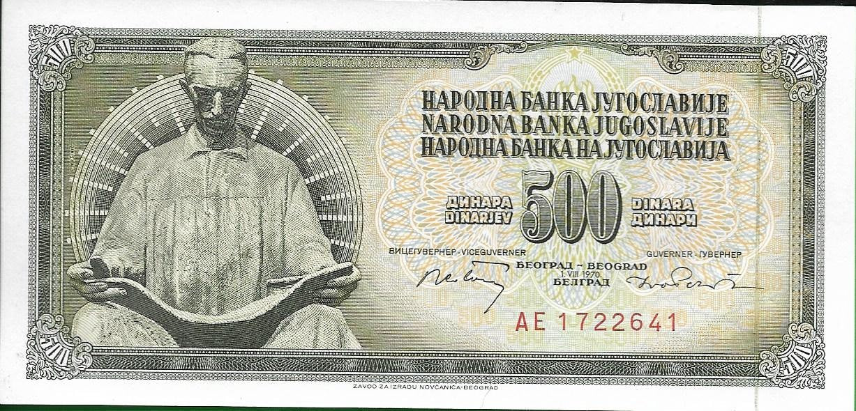 YUGOSLAVIA - Lot of 3 Banknotes from 1970's and 1980's; Features Nicola Tesla & Peace Statue