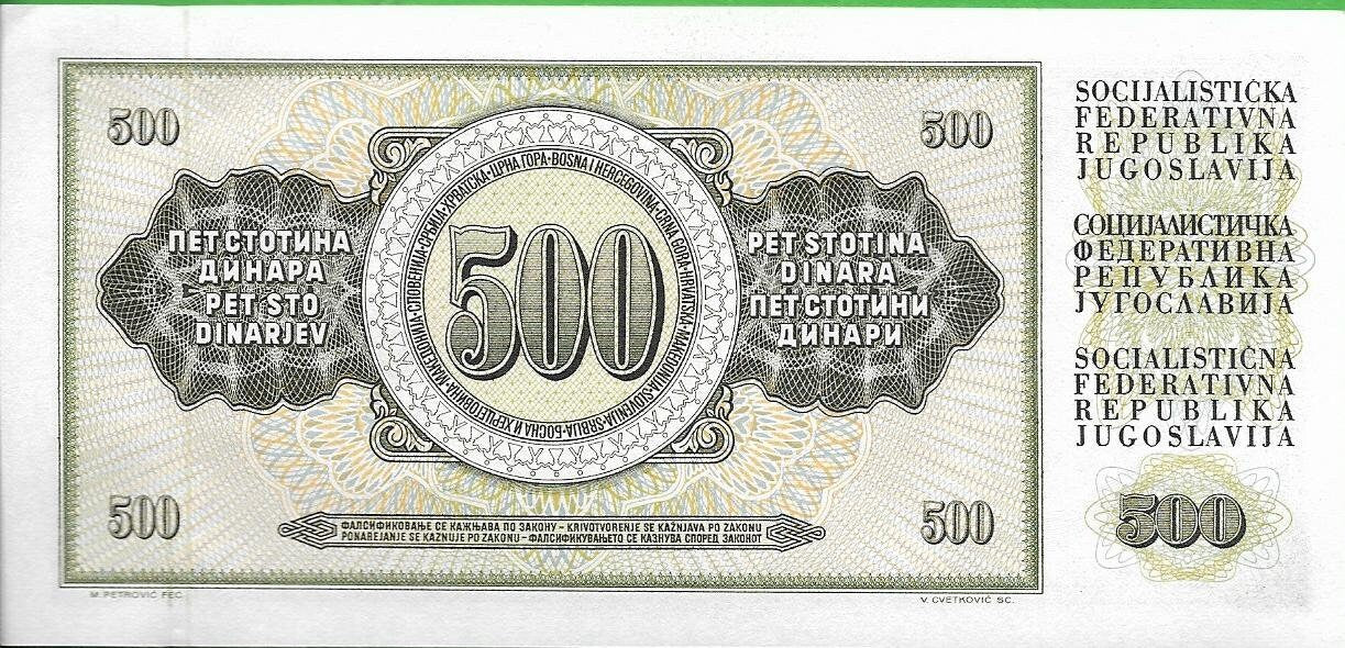 YUGOSLAVIA - Lot of 3 Banknotes from 1970's and 1980's; Features Nicola Tesla & Peace Statue