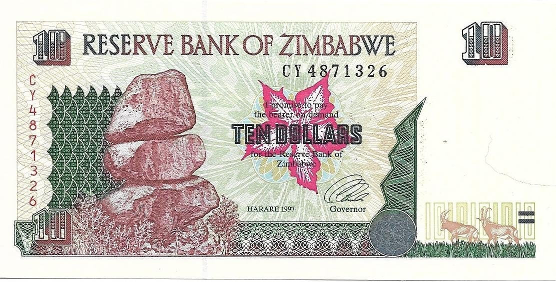 ZIMBABWE 10 Dollars, UNCIRCULATED, P-6, 1997 featuring the Chilolo Cliffs
