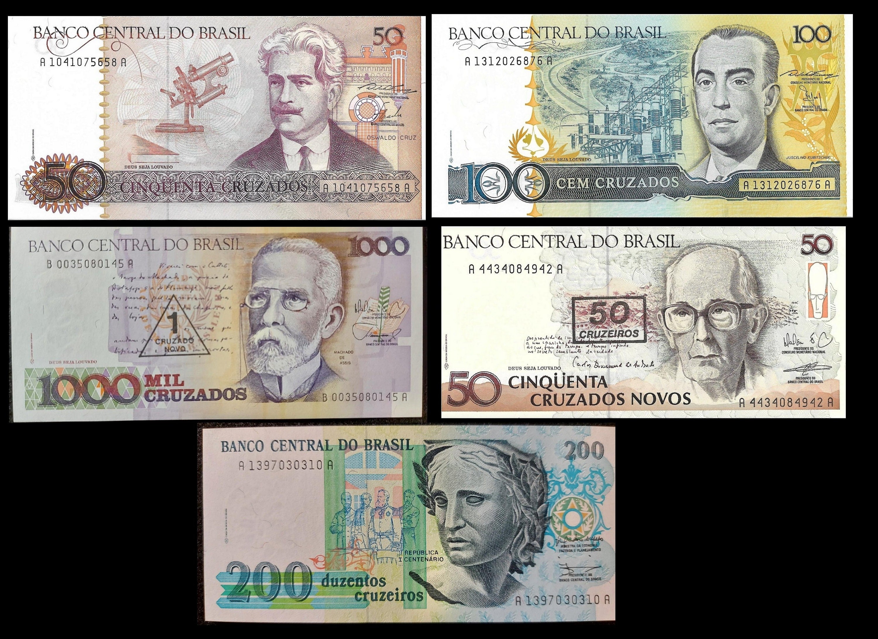 BRAZIL 5 Banknote SET; 10 Cruzados to 200 Cruzeiros; Uncirculated 1986 -90; Historical Set