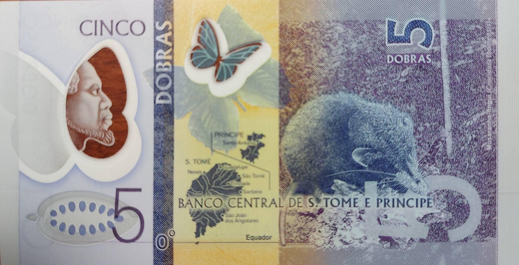 SAINT THOMAS & PRiNCE 5 Dobras Banknote; P-70 AA Prefix, Uncirculated; Polymer Banknote! Featuring a Shrew