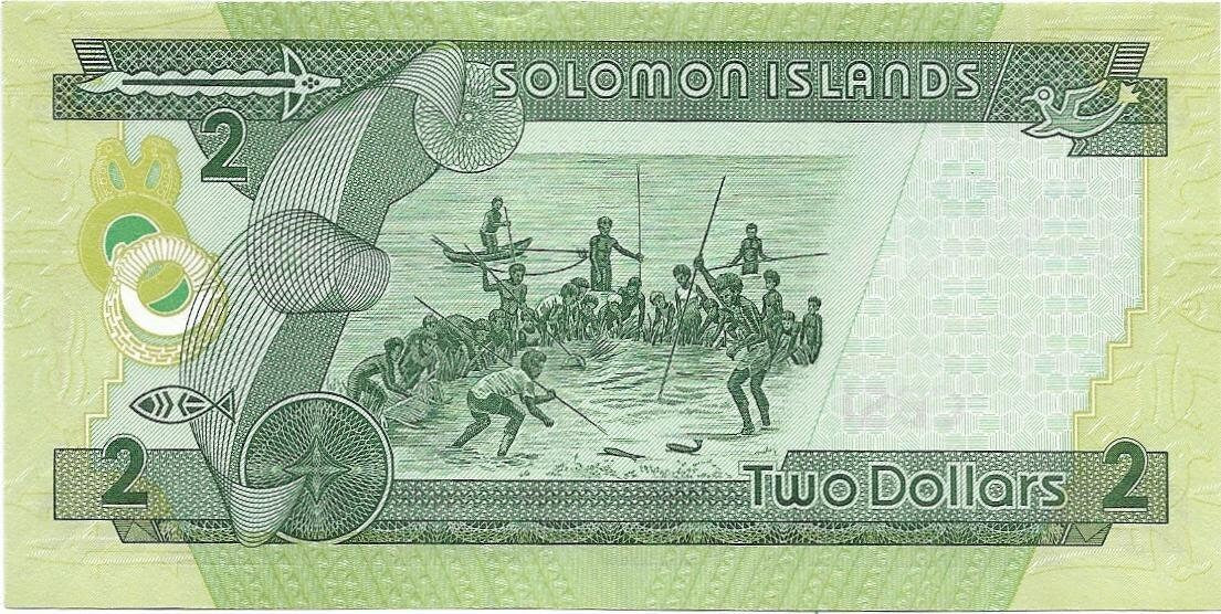 SOLOMON ISLANDS 2 Dollars, P-25, UNCIRCULATED, 2011; Community Fishing Scene