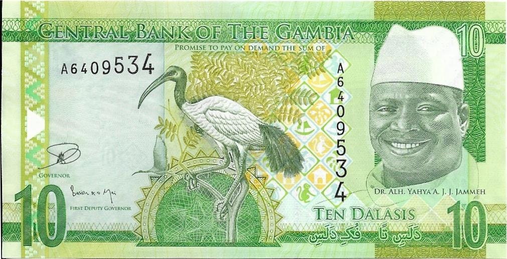 GAMBIA 10 Dalasis Banknote; P -32, UNCIRCULATED; Featuring a Sacred Ibis and a CROCODILE Head as Watermark