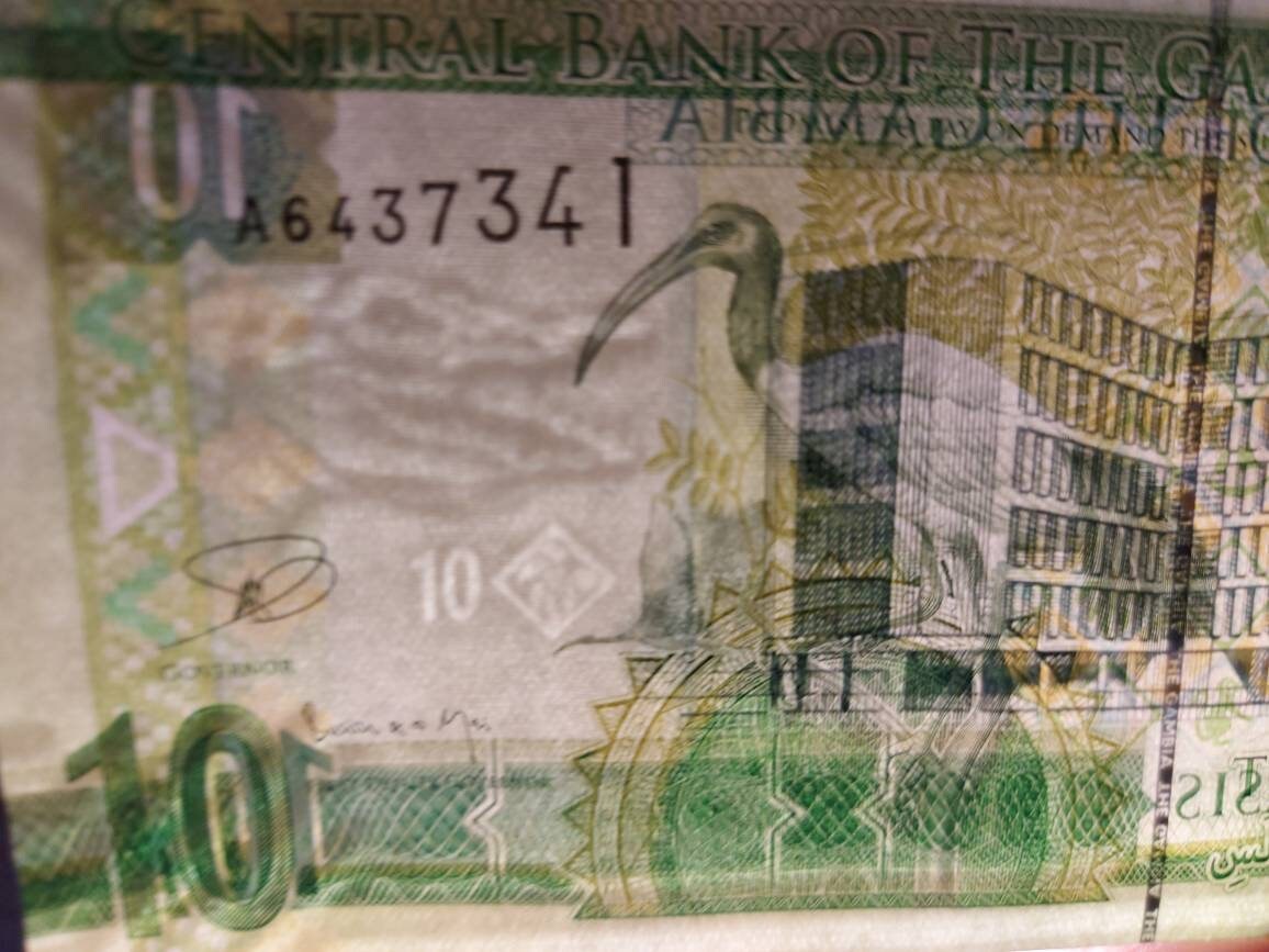 GAMBIA 10 Dalasis Banknote; P -32, UNCIRCULATED; Featuring a Sacred Ibis and a CROCODILE Head as Watermark