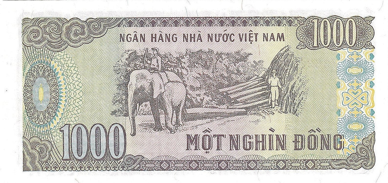 VIET NAM 1000 Dong Banknote; P - 106a; UNCIRCULATED from 1988; Features Ho Chi Minh & Logging Elephants
