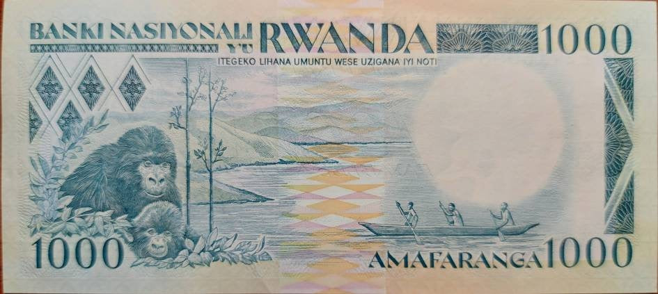 RWANDA 1000 Francs Banknote; P-21; UNCIRCULATED from 1988; Featuring Eastern Gorillas and Watusi Warriors