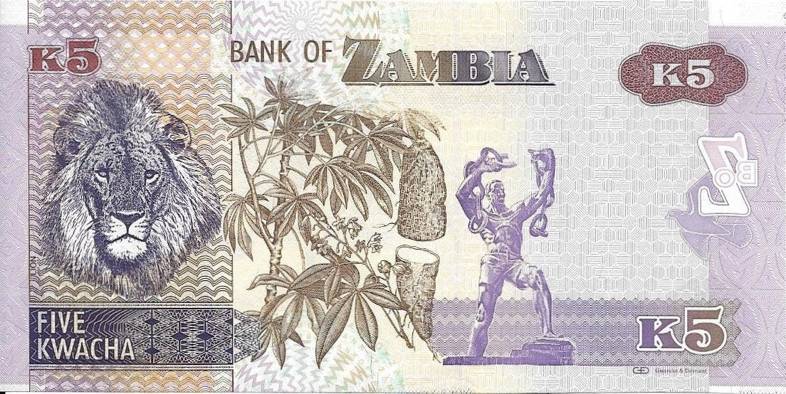 ZAMBIA 5 Kwacha, P-50a; 2012, UNCIRCULATED; Features a Fish Eagle & LION