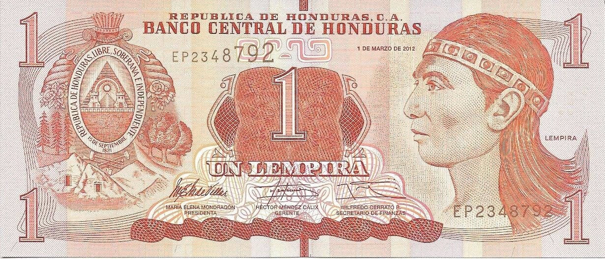 HONDURAS 1 Lempira Banknote; P-96; UNCIRCULATED from 2012; featuring the Myan Ruins of Copan
