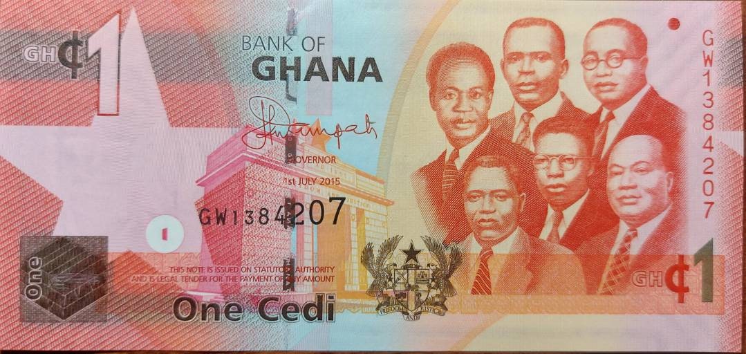 GHANA 1 Cedi Banknote; P- 37f; 2015; UNCIRCULATED; Features Qwame Nkruma. other leaders and a Dam