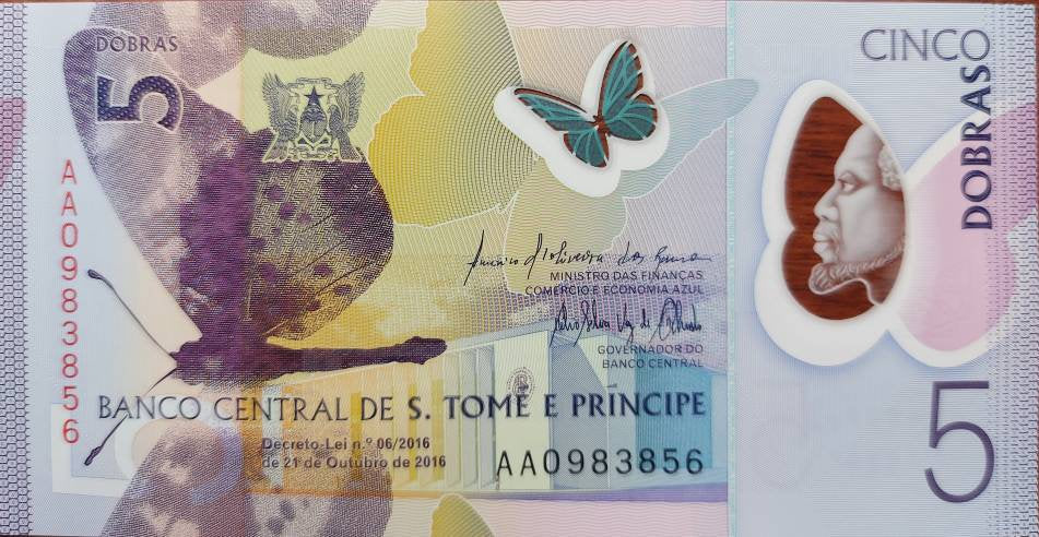 SAINT THOMAS & PRiNCE 5 Dobras Banknote; P-70 AA Prefix, Uncirculated; Polymer Banknote! Featuring a Shrew