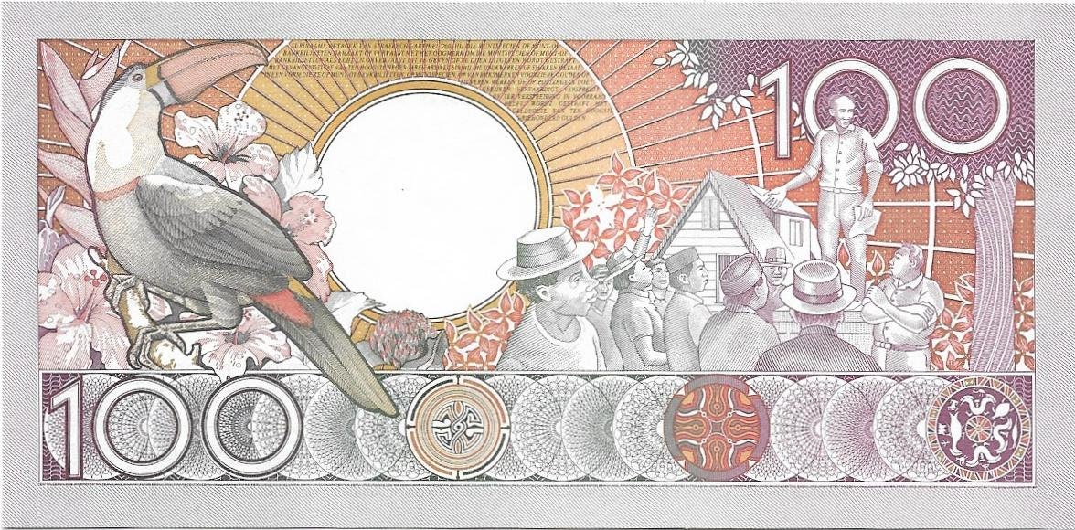 SURINAME 100 Gulden Banknote; P- 133a, UNCIRCULATED; From 1986 featuring a Toucan