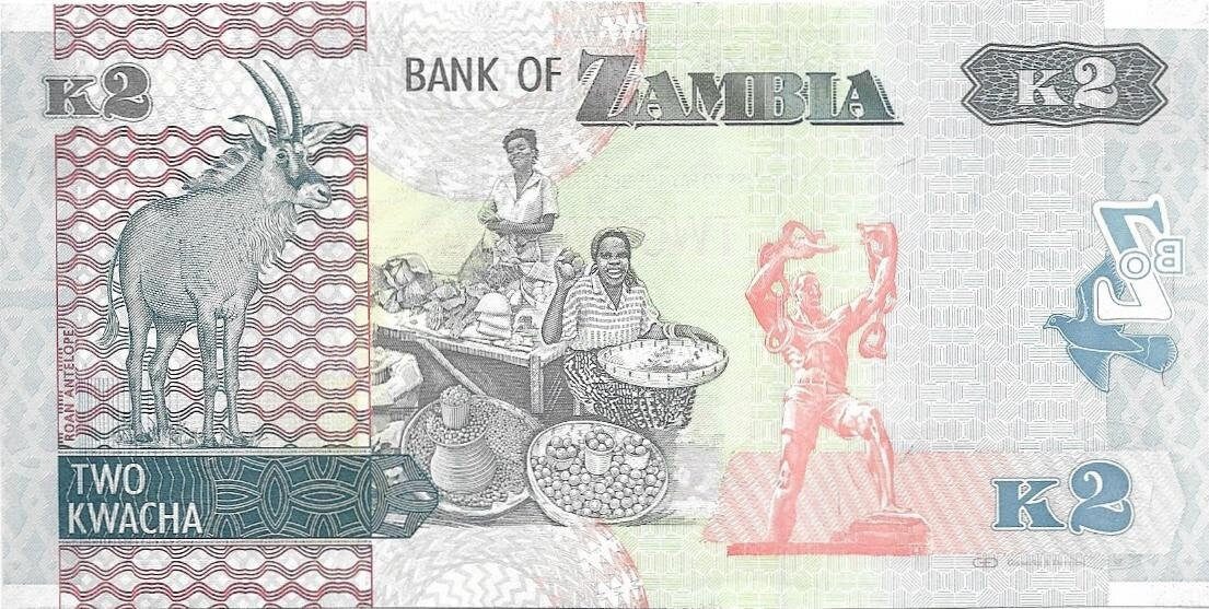 ZAMBIA 2 Kwacha, P-49a, 2012, UNCIRCULATED; Features a Fish Eagle; Antelope; 1st Series "AA"