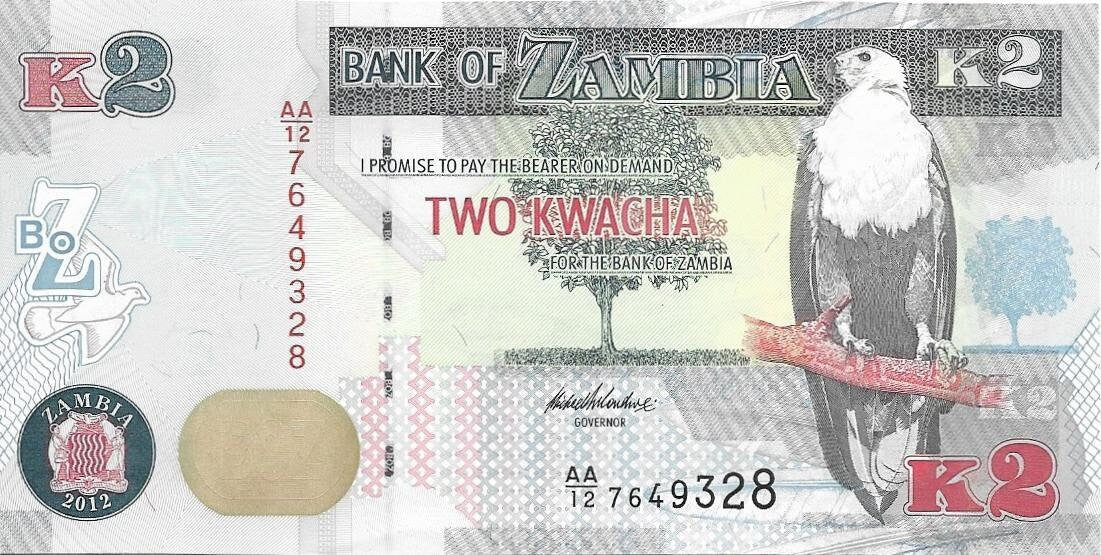 ZAMBIA 2 Kwacha, P-49a, 2012, UNCIRCULATED; Features a Fish Eagle; Antelope; 1st Series "AA"