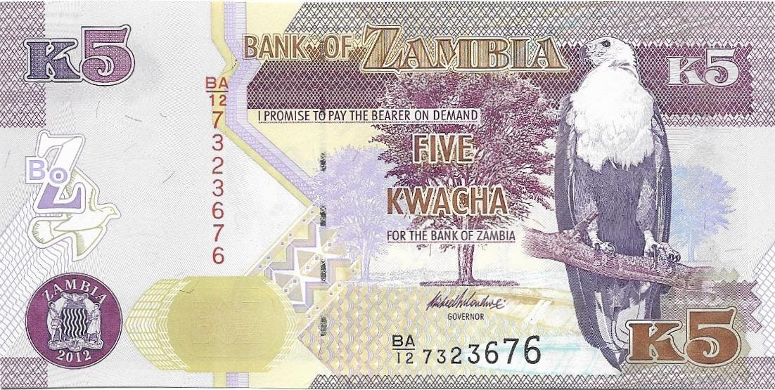 ZAMBIA 5 Kwacha, P-50a; 2012, UNCIRCULATED; Features a Fish Eagle & LION