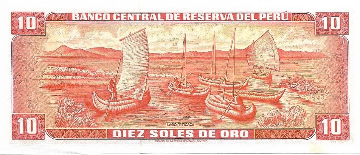 PERU 10 Soles de Oro, P- 93, UNCIRCULATED, 1968; Featuring BOATS in Bay