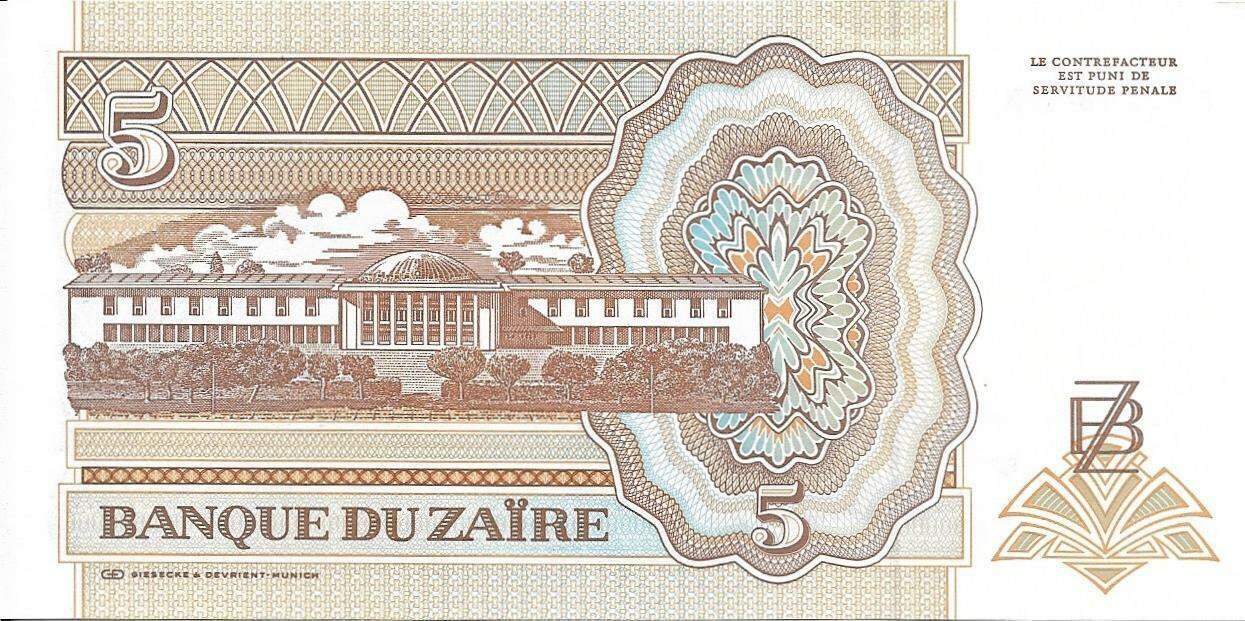 ZAIRE 5 Nouveau Zaires, P-53a, UNCIRCULATED, 1993, features a Leaping LEOPARD
