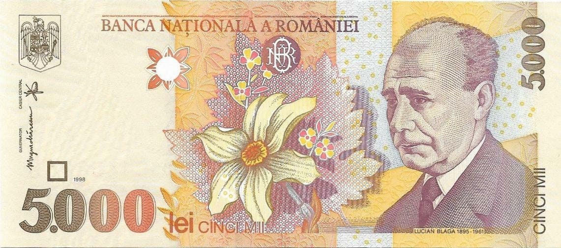ROMANIA 5000 Lei, P-107b; SCARCE, 1998, UNCIRCULATED; features Daffodil and Lucian Blaga