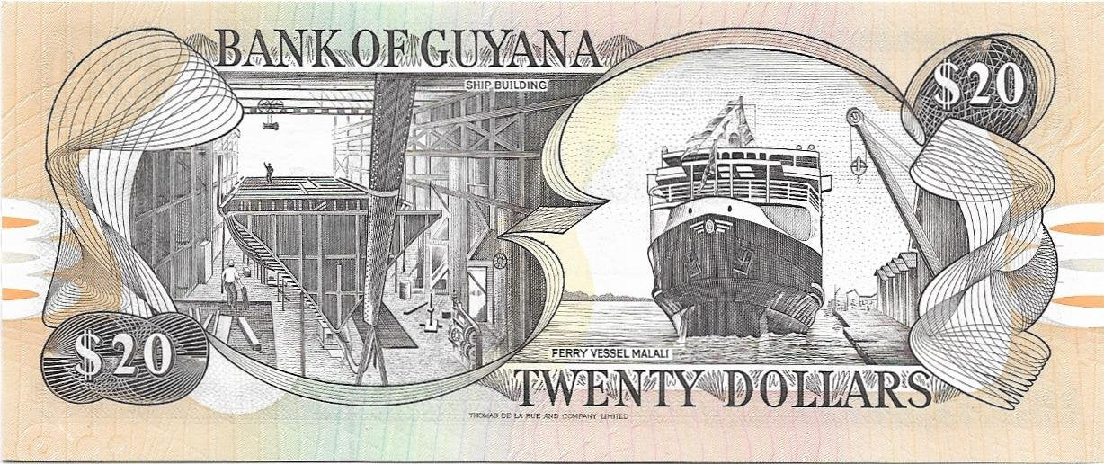 Guyana 20 Dollars, P-30b2; UNCIRCULATED; features the Kaieteur Waterfalls