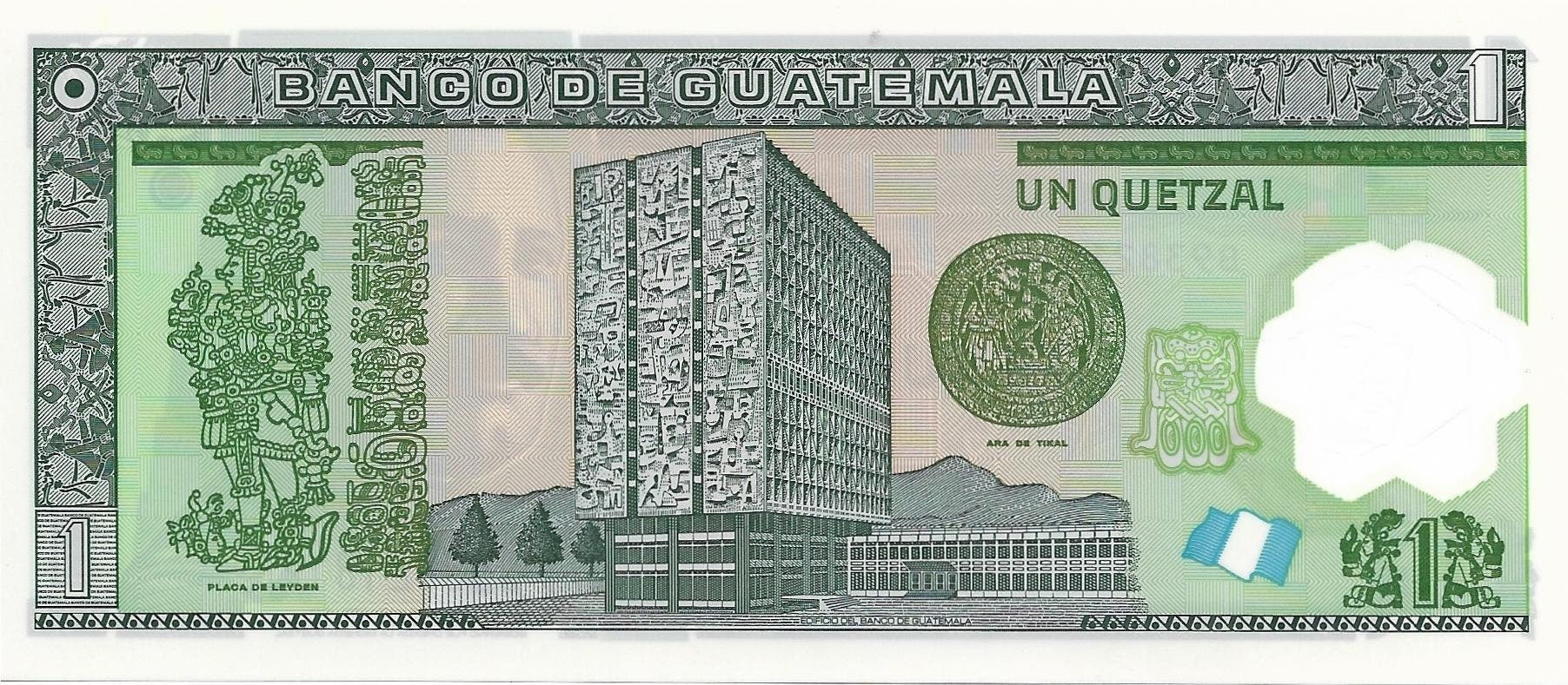 GUATEMALA 1 Quetzals, P-115b; UNCIRCULATED, 2011; features a Bank and the Quetzal Bird; POLYMER