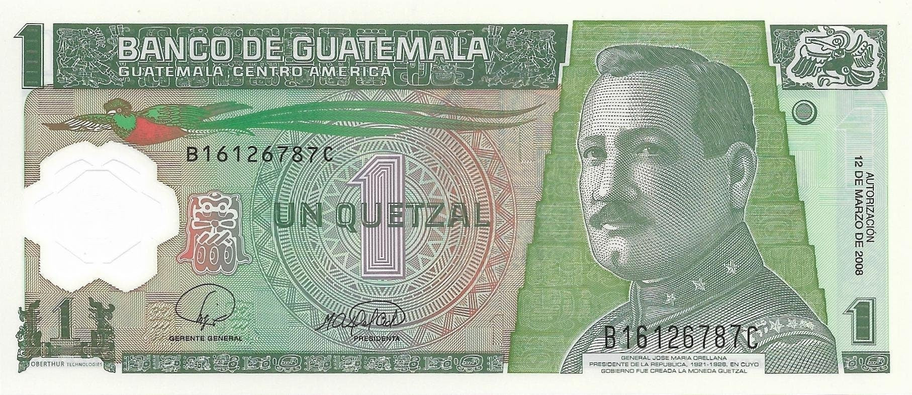 GUATEMALA 1 Quetzals Banknote; P - 115a; UNCIRCULATED from 2008; features the Quetzal Bird; POLYMER