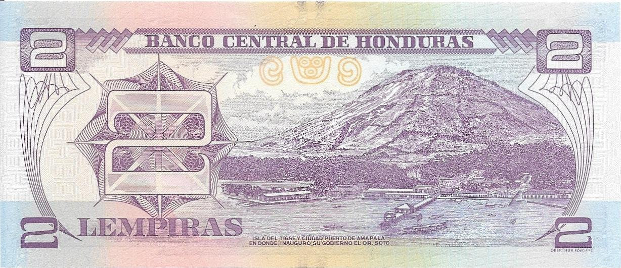 HONDURAS 2 Lempiras Banknote; P - 97; UNCIRCULATED from 2012, features a Mountain Scene