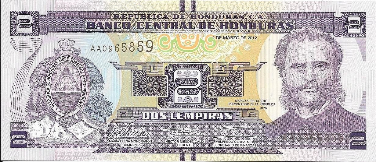 HONDURAS 2 Lempiras Banknote; P - 97; UNCIRCULATED from 2012, features a Mountain Scene