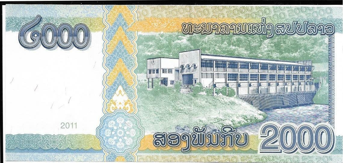 LAOS 2000 Kip Banknote; P-41 from 2011; UNCIRCULATED; Features a Temple and Power Plant