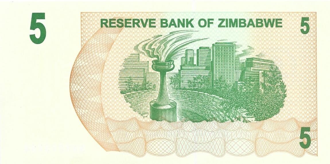 ZIMBABWE 5 Dollars Banknote, P-38; UNCIRCULATED from 2006, features a Torch; AA First Serial