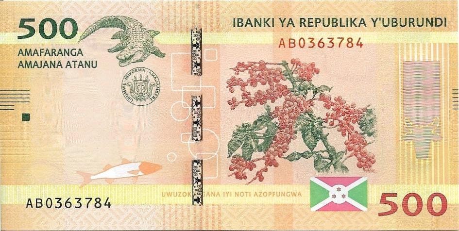 BURUNDI 500 Francs; P -50a Uncirculated Note; 2015; features Burundi Map and a CROCODILE