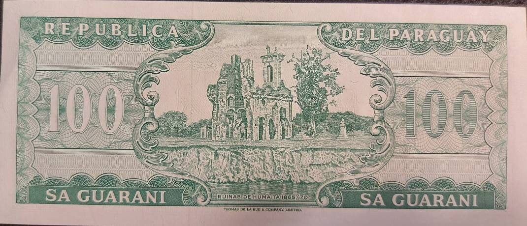 PARAGUAY 100 Guaranies Banknote; P- 205, UNCIRCULATED; From 1982 featuring the Ruins of Humaita; SIGNATURE Variety