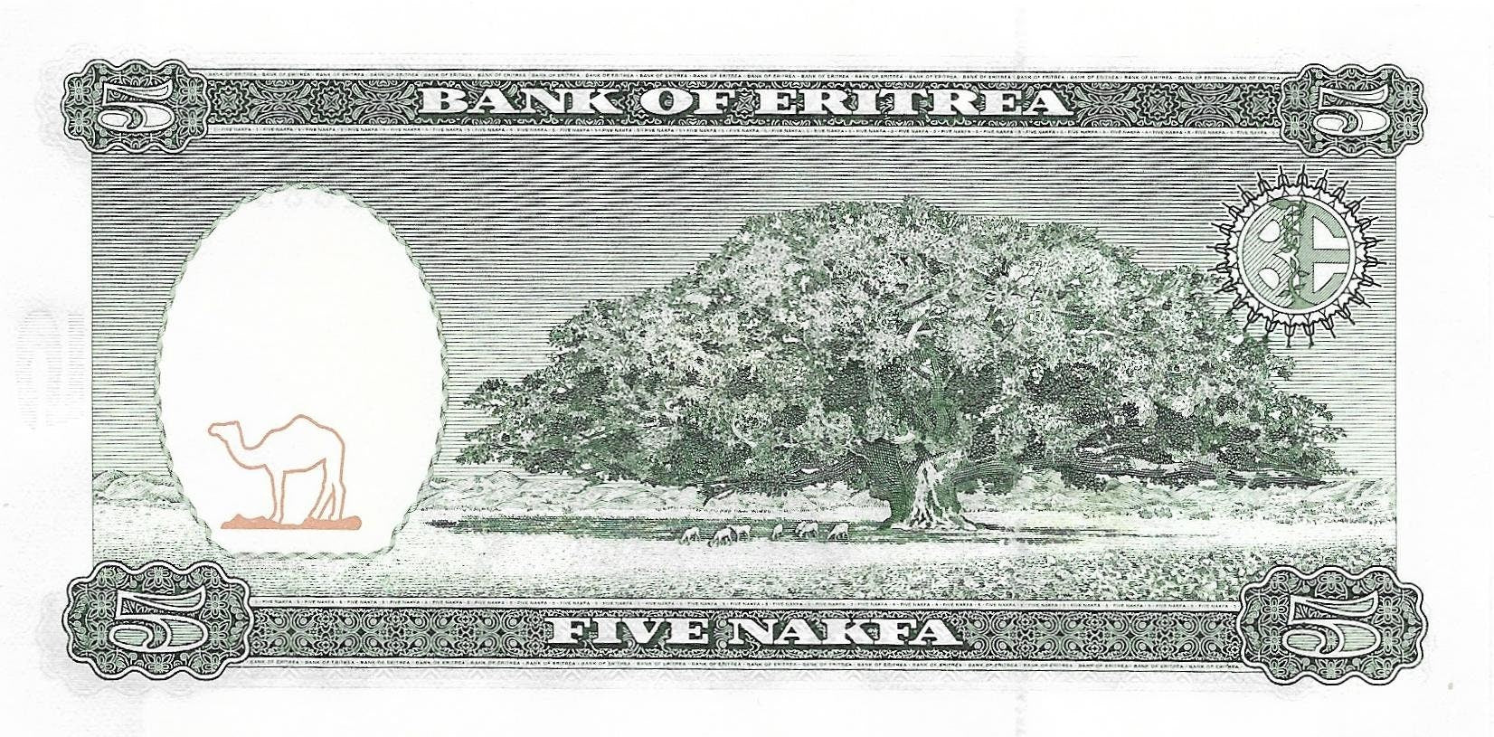 ERITREA 5 Nakfa, P-2; UNCIRCULATED, 1997; Featuring Camel's Head and Camel