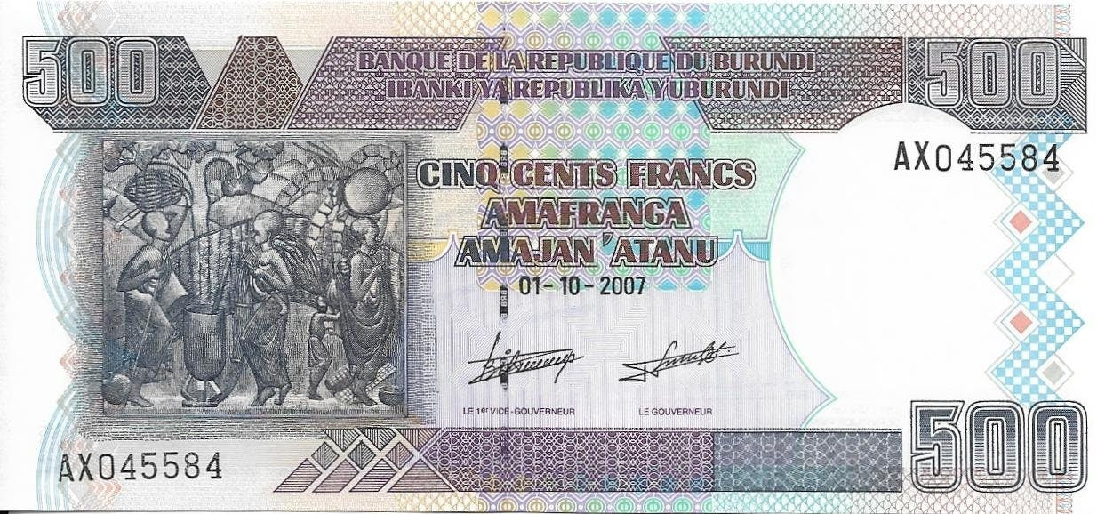 BURUNDI 500 Francs; P - 38d, UNCIRCULATED, 2007 Issue features a Native Painting - Very Colorful
