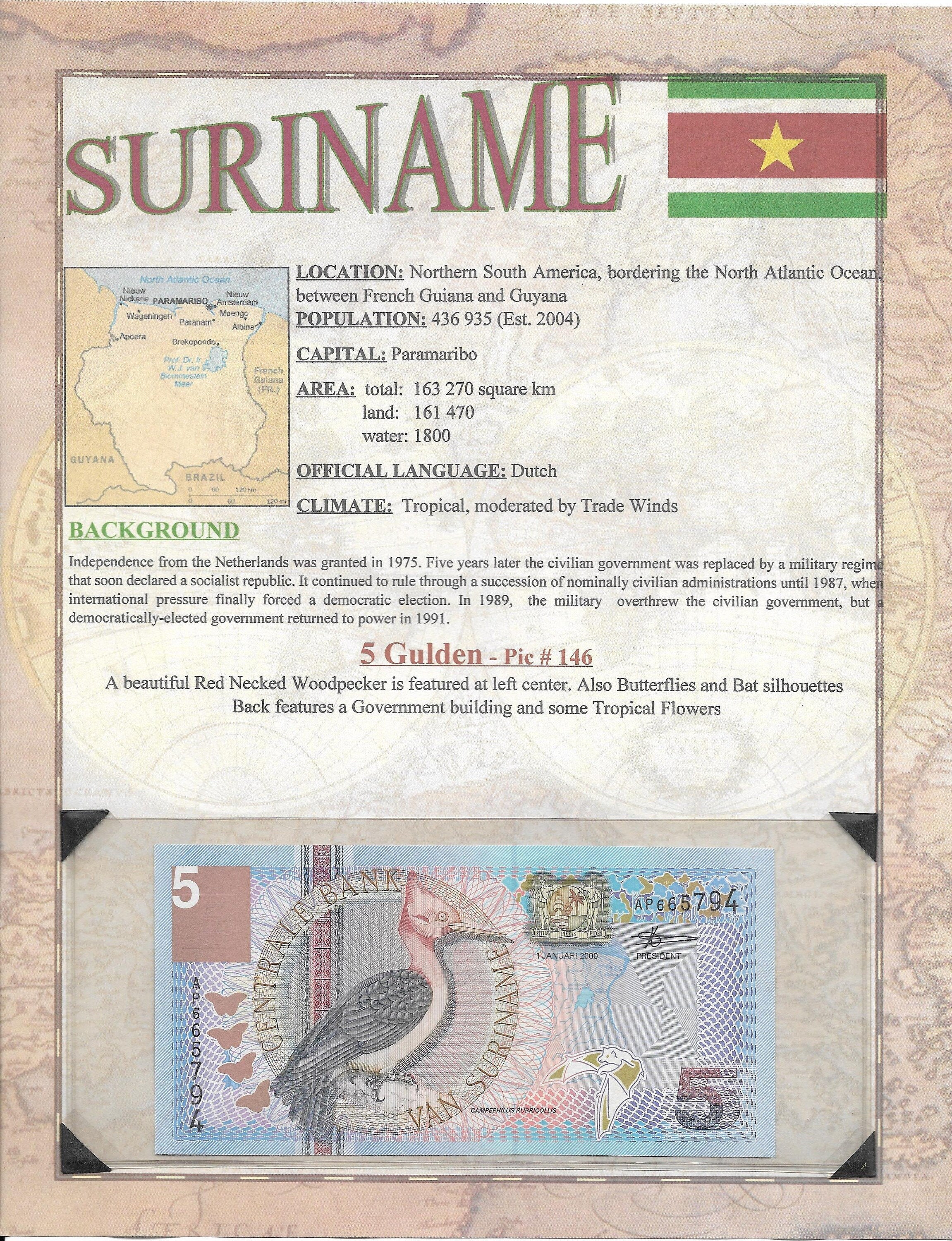 SURINAME 5 Gulden; P- 146 ~~ 6th Issue World Banknote Series ~~ LIMITED Issues